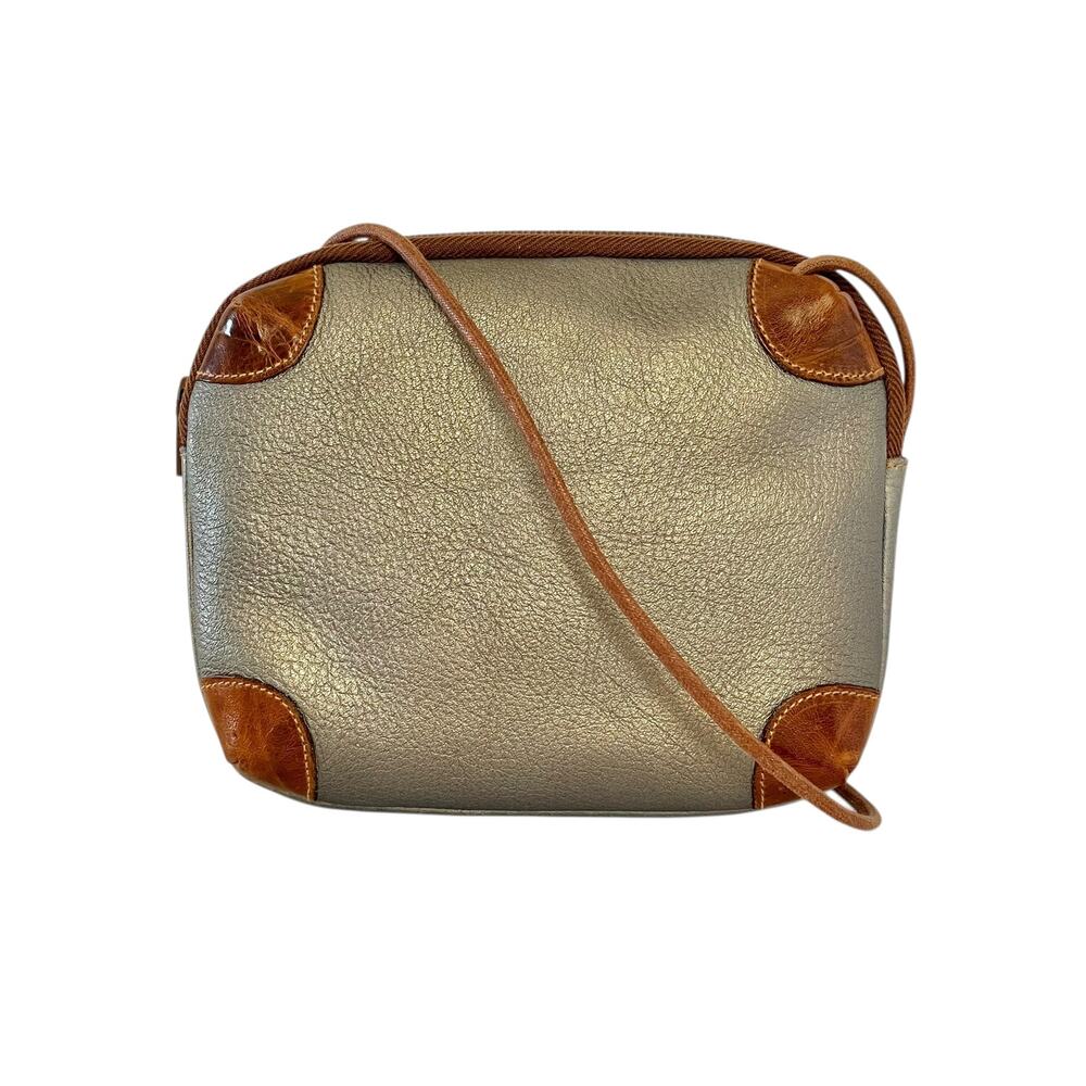 Vintage Furla Silver Metallic Leather Croc-Embossed Trim Crossbody Bag